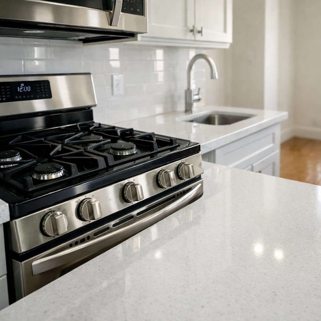 A spotless apartment kitchen after a professional move-out cleaning in a Midwest portfolio unit.