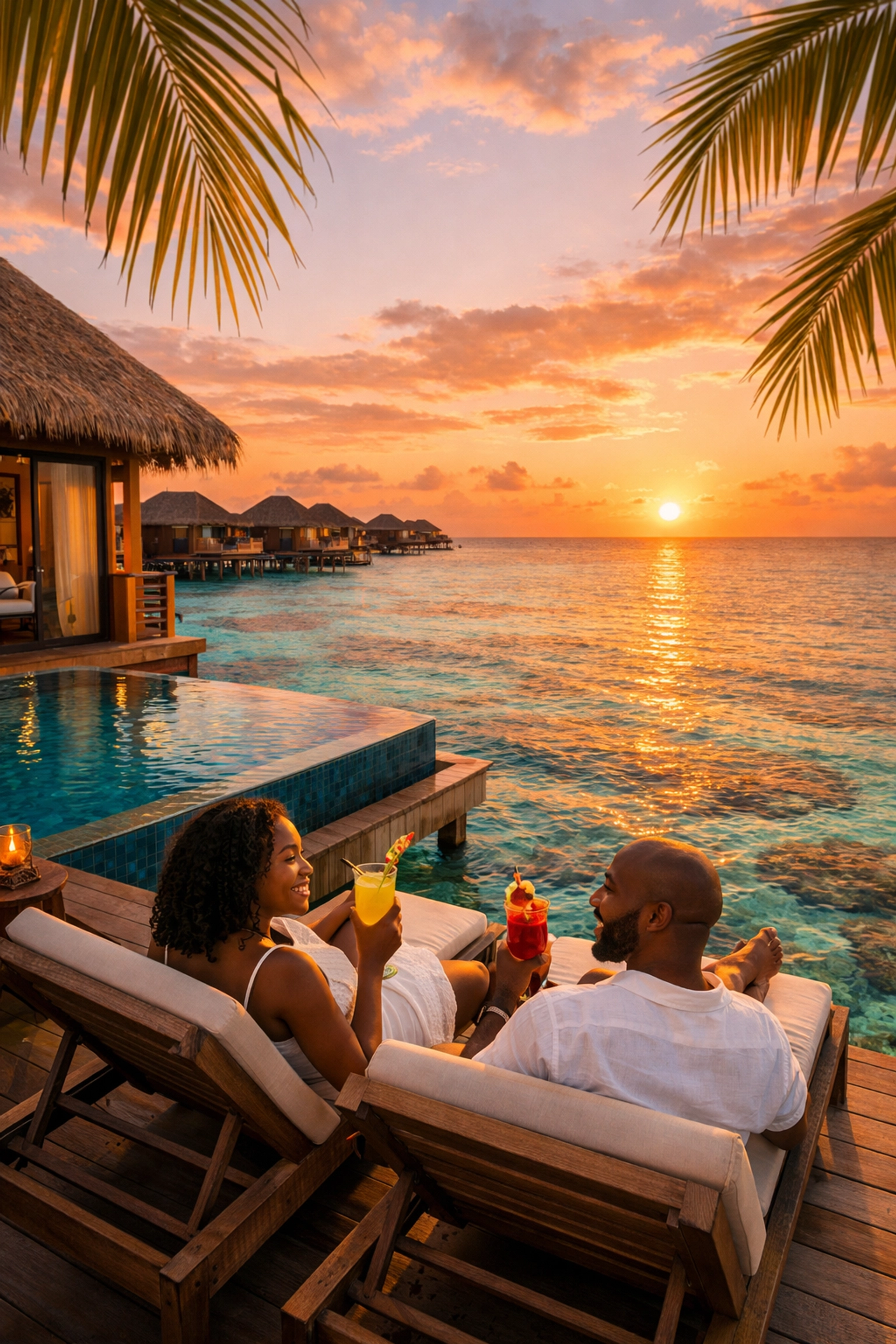 Luxury overwater bungalow in Maldives with infinity pool at sunset