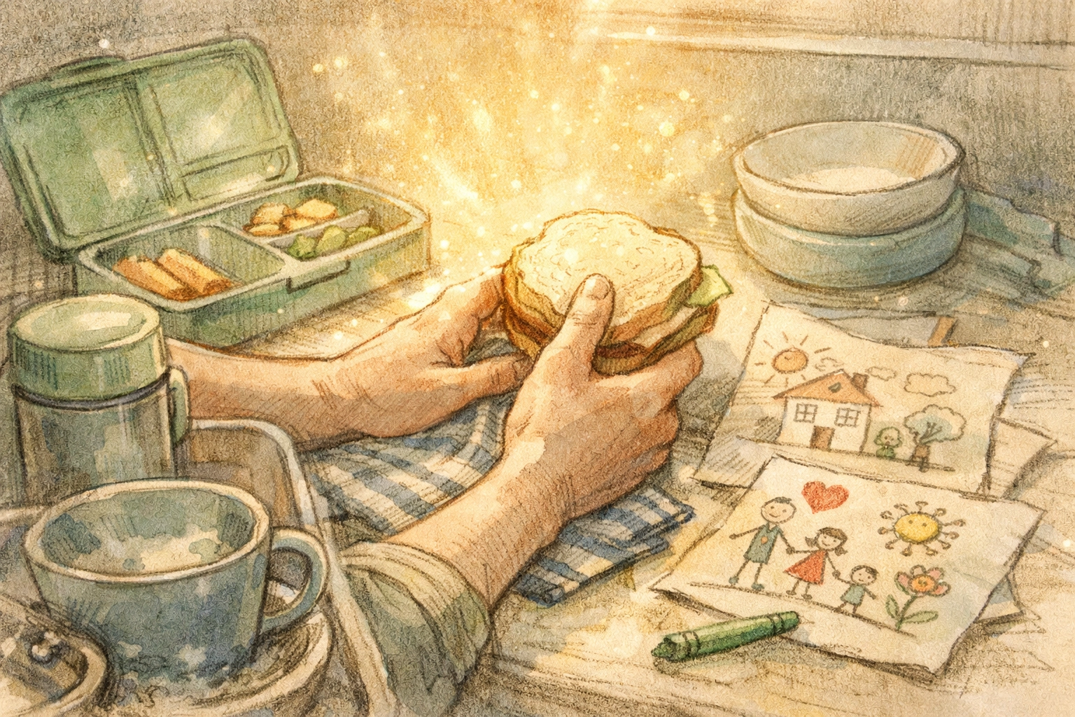 Parent pausing mid-task in kitchen for midday prayer and reset during busy parenting day