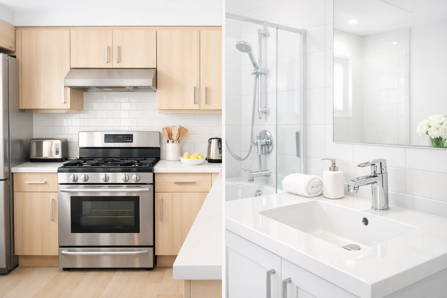 Clean modern kitchen and bathroom after professional apartment turnover cleaning service