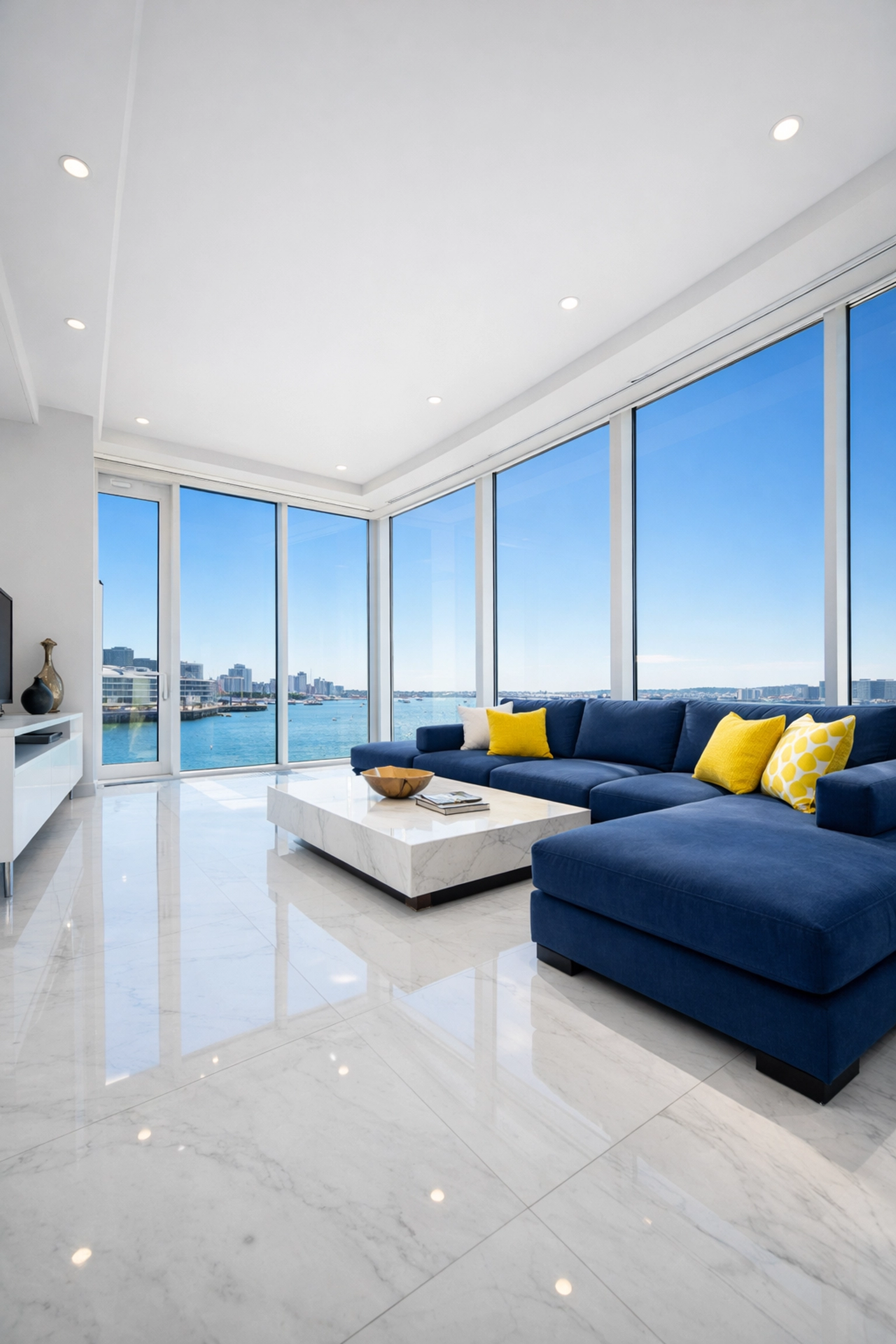 Clean Seaport living room featuring polished marble floors after professional weekly cleaning services.