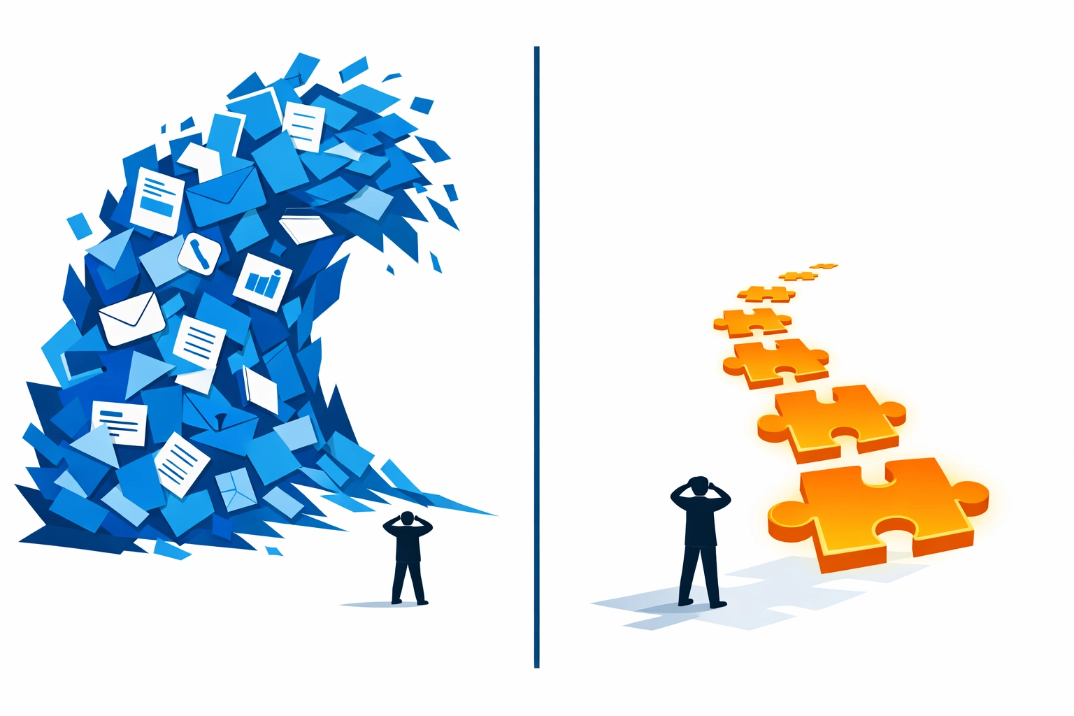 Vector art comparing onboarding information overload to structured just-in-time customer education modules.
