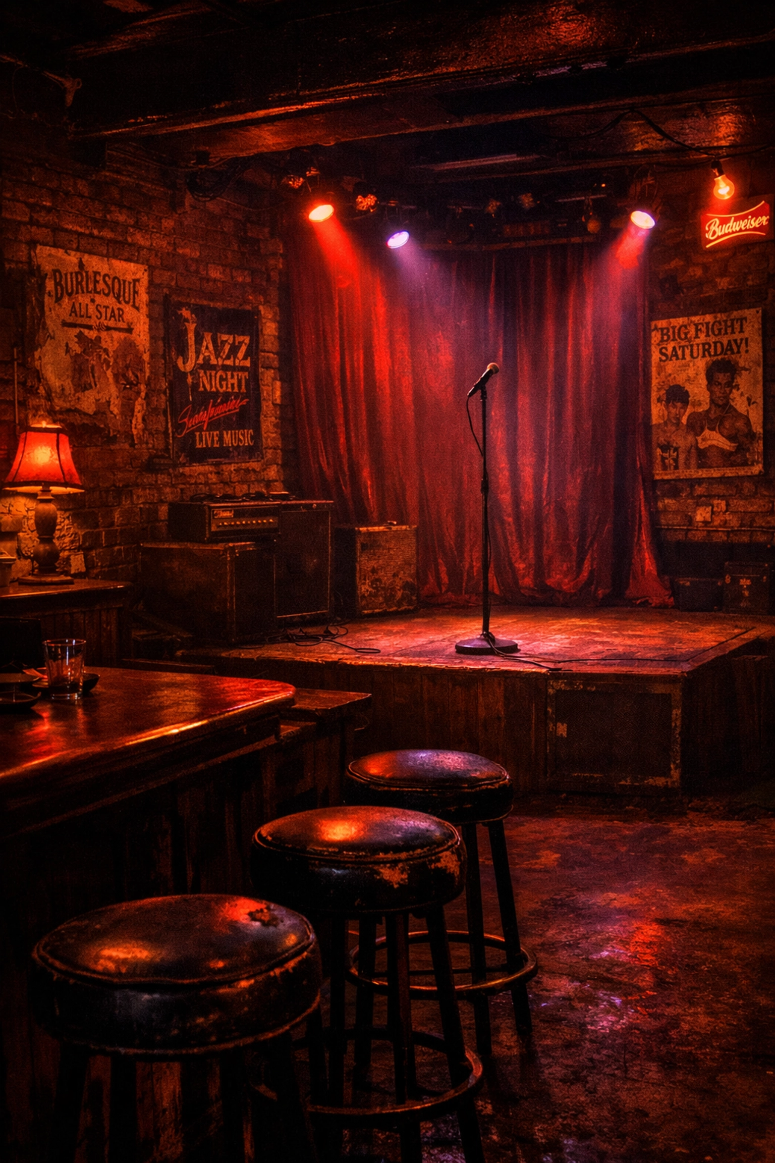 Vintage Tenderloin gay dive bar interior with stage and atmospheric lighting at Aunt Charlie's Lounge