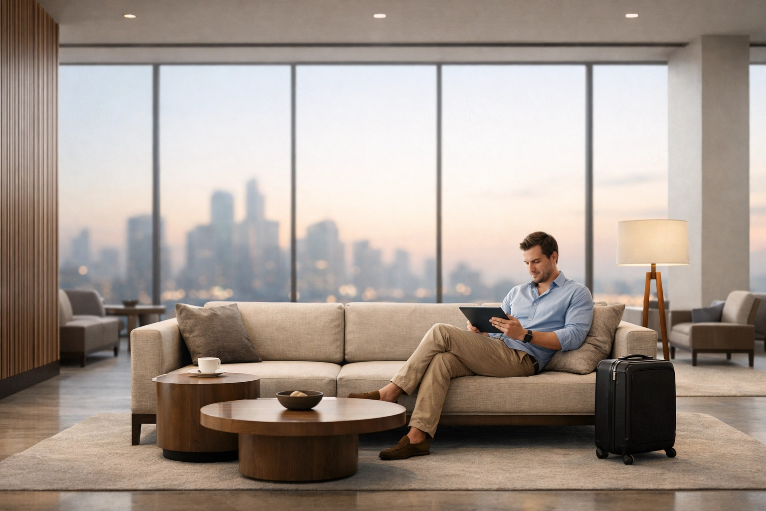 Modern hotel guest using a tablet in a minimalist lobby, reflecting a seamless digital guest experience.