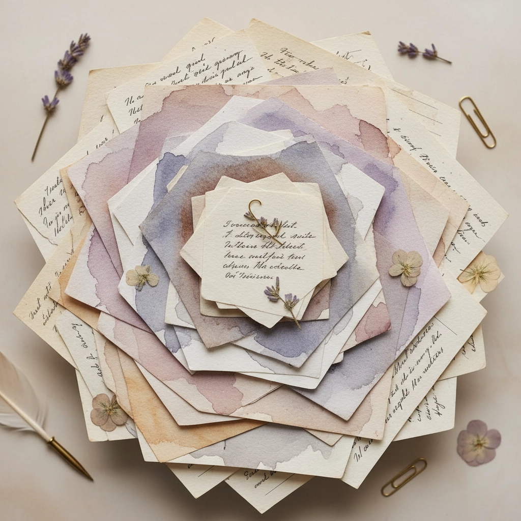 A stack of watercolor journal pages with handwritten reflections, dried lavender, and pressed flowers, representing expressive writing for trauma and emotional healing.