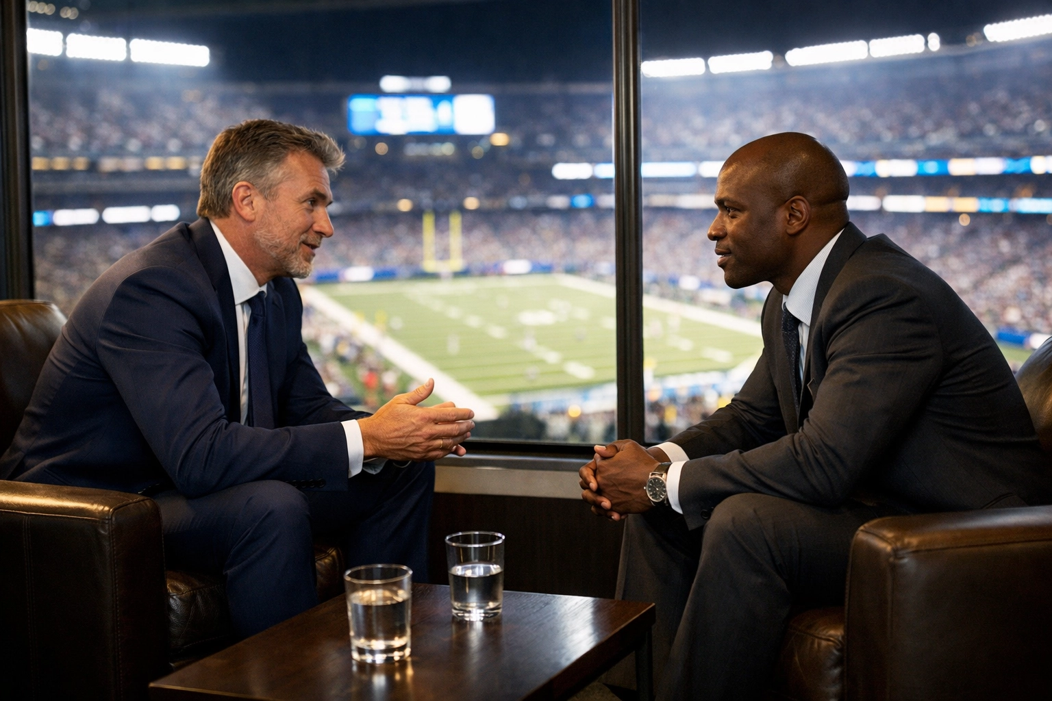 Executives in a luxury Super Bowl suite engaged in high-stakes business networking and conversation.