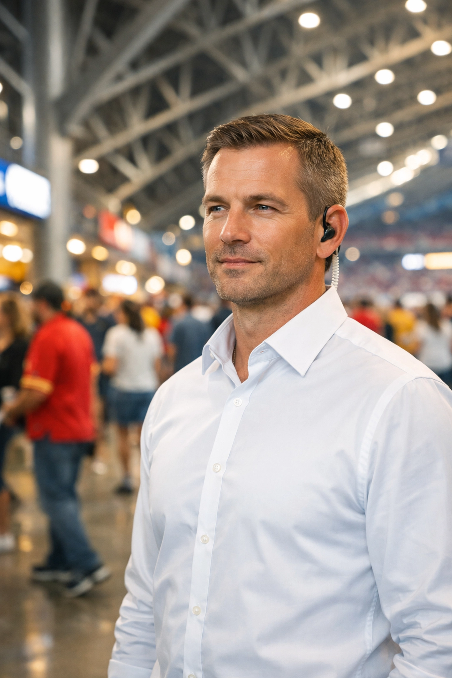 On-site event logistics coordinator managing VIP movements in a crowded sports stadium.