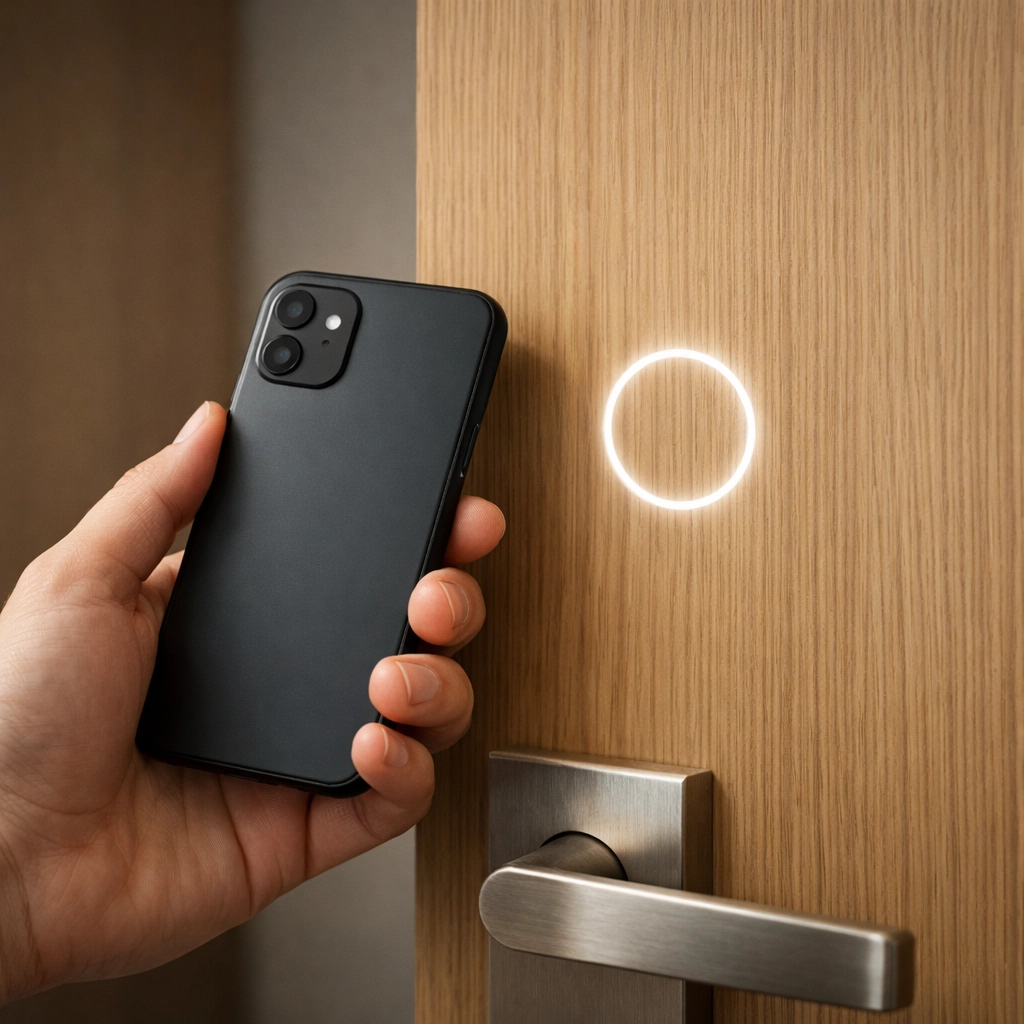 Close-up of a guest using a digital room key on their smartphone to unlock a modern hotel door.