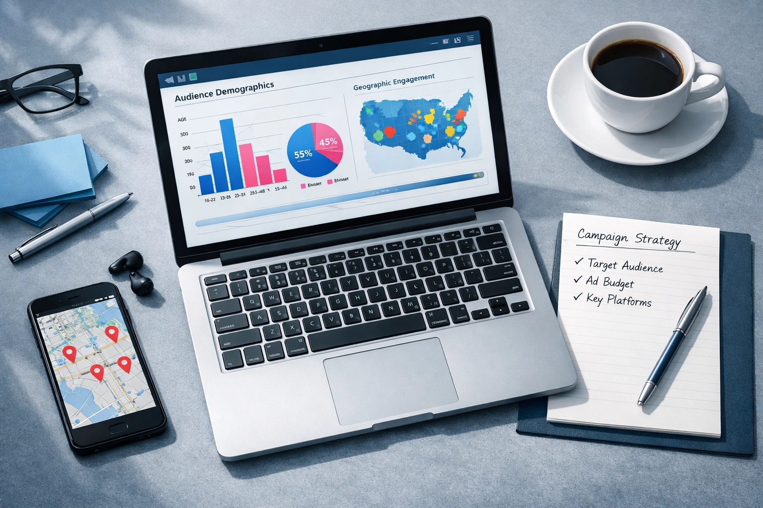 Media buyer workspace with laptop displaying DOOH campaign demographic data and targeting maps