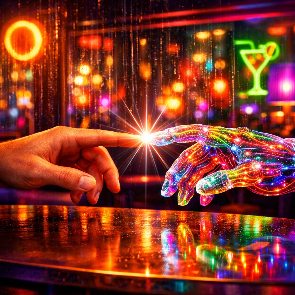 A human hand meeting a glowing digital hand, representing the transition from dating apps to real-life meetings.