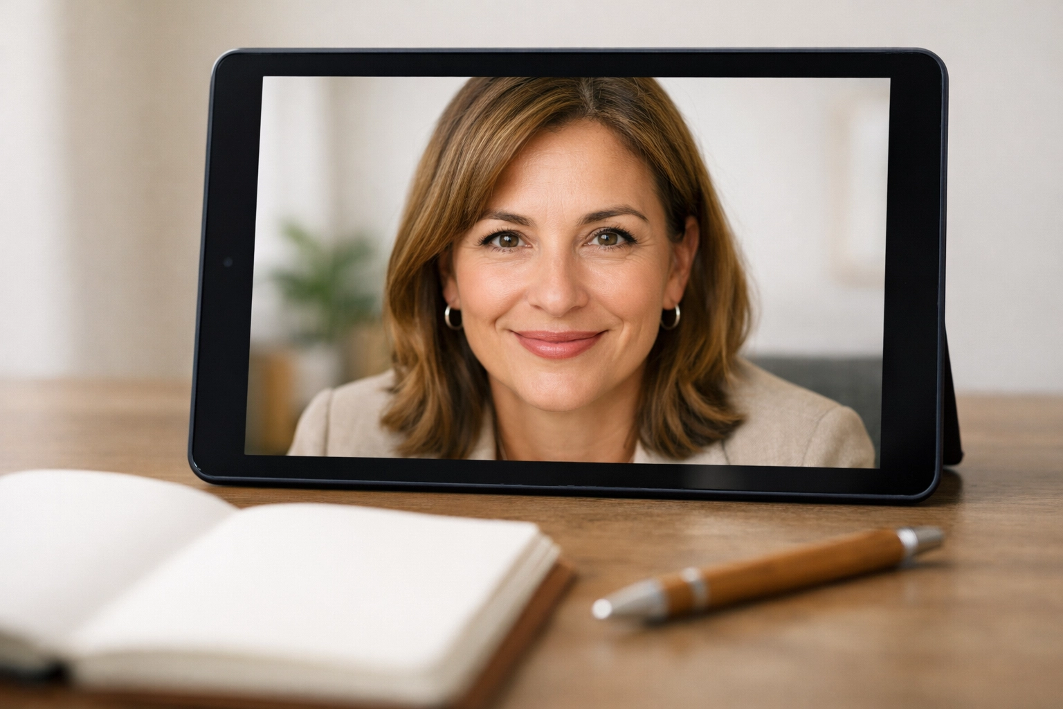 A friendly therapist smiles during a high-definition video call, showing the strong bond in online counseling.
