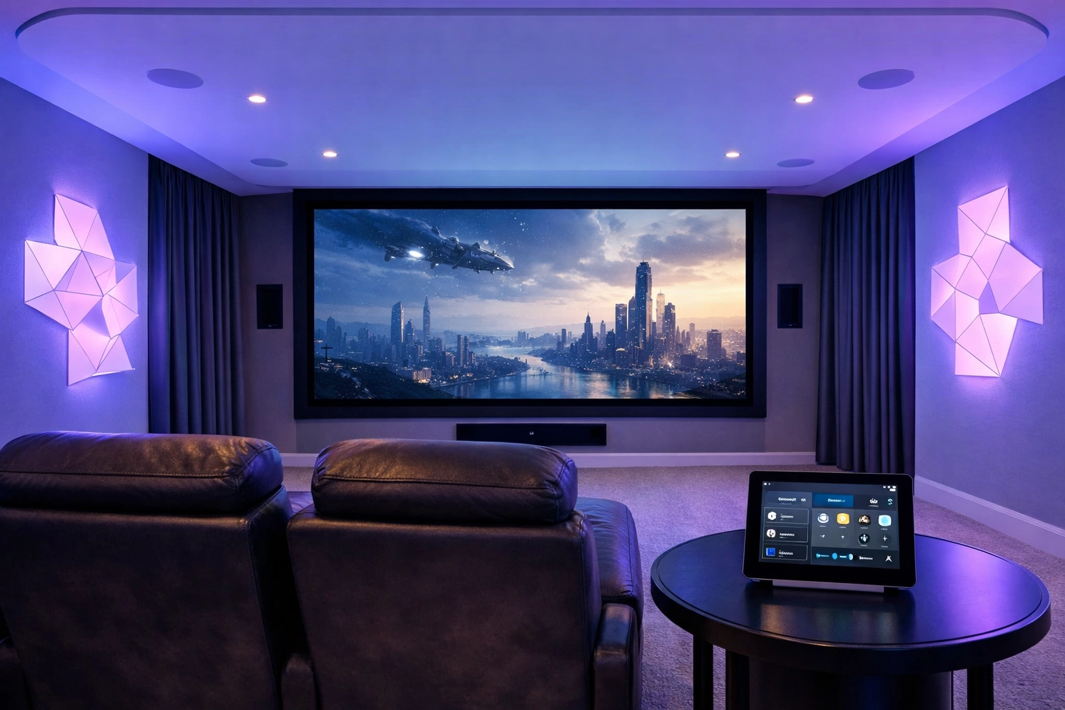 Elegant smart home theater room with advanced controls, showing integrated systems powered by strong WiFi.