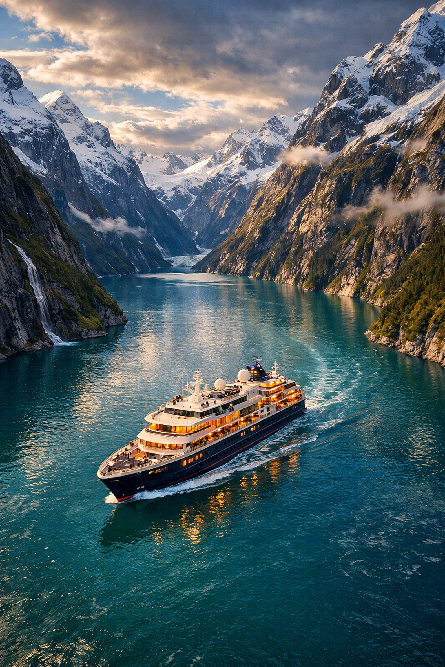 Luxury expedition ship sailing through Norwegian fjord surrounded by snow-capped mountains