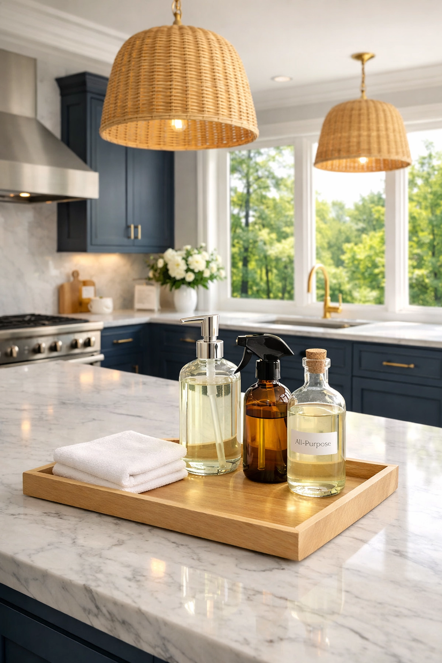 Eco-friendly luxury house cleaning in a sun-drenched Weston kitchen with marble countertops.