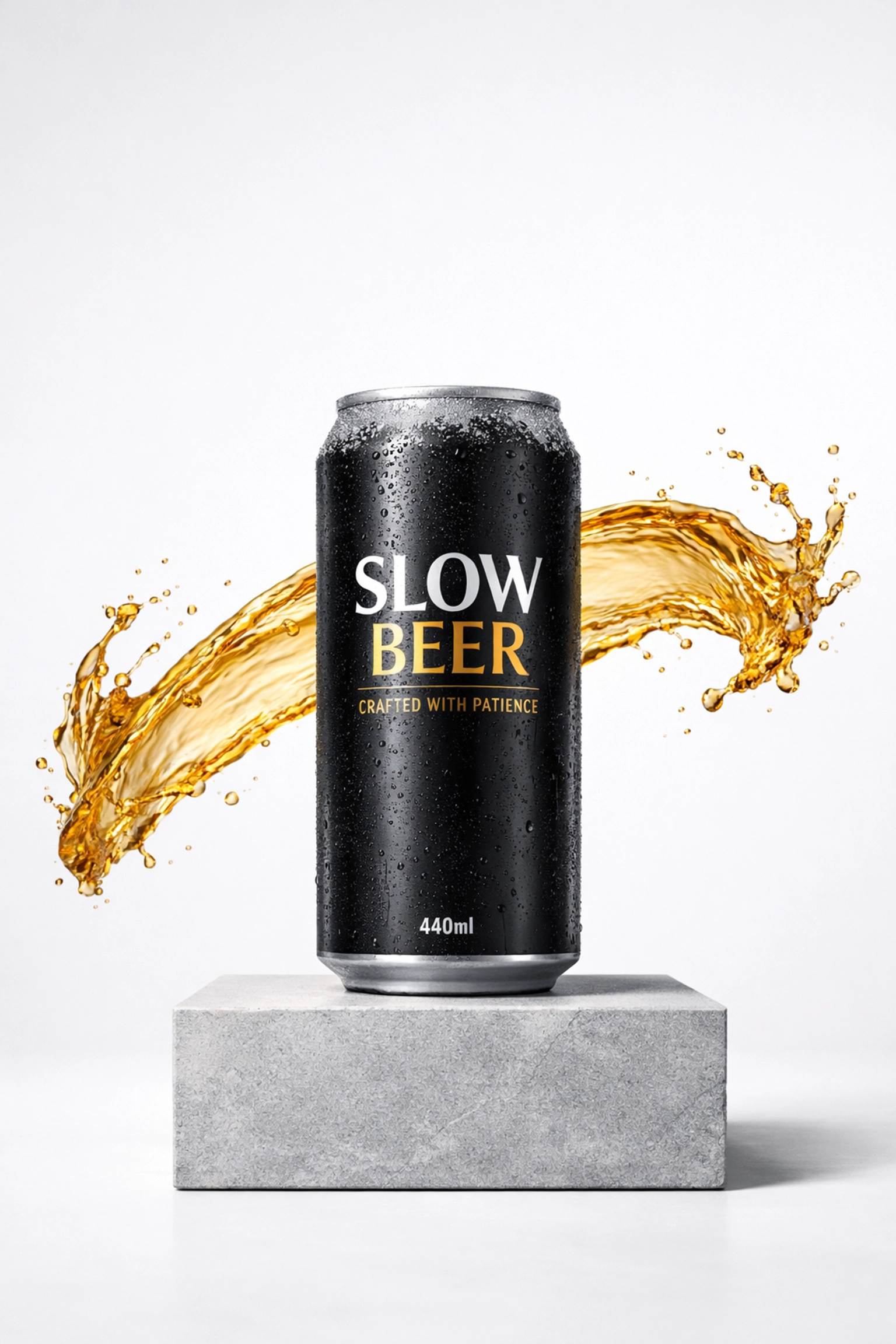 Estrella Galicia 440ml can on a minimalist stone base, highlighting the premium quality of Spanish craft beer.