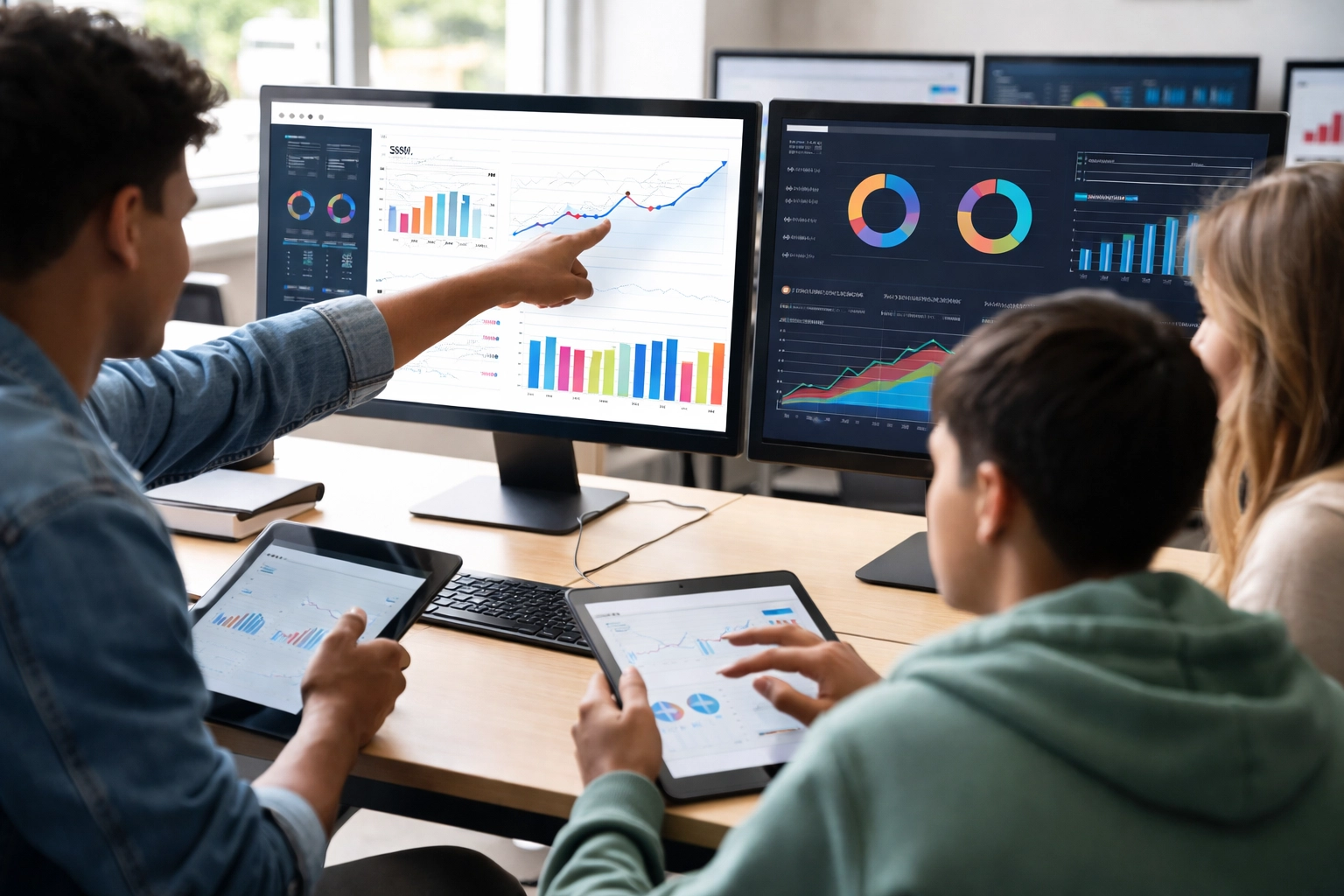 Students analyze esports performance data and dashboards, building data analytics and teamwork skills in a high-tech lab.