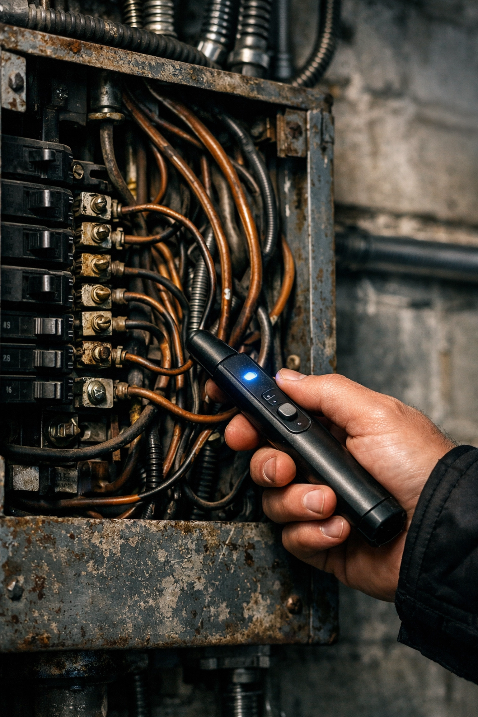 Professional home inspection of an electrical panel in a historic Detroit basement.