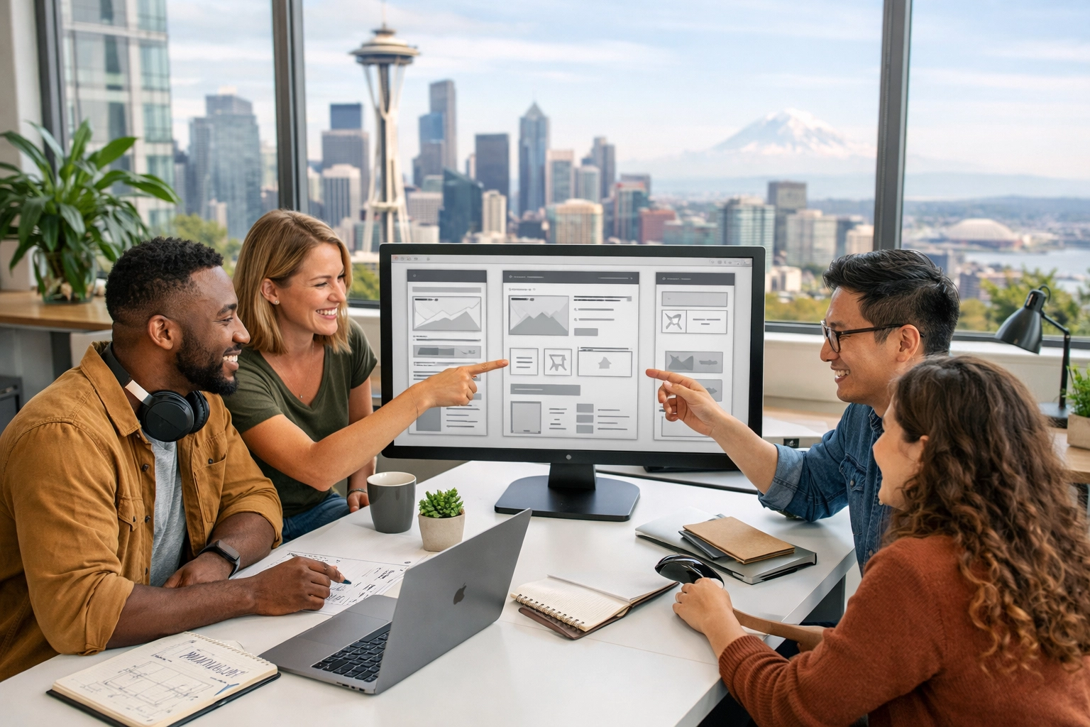 Web development team collaborating on project in Seattle office