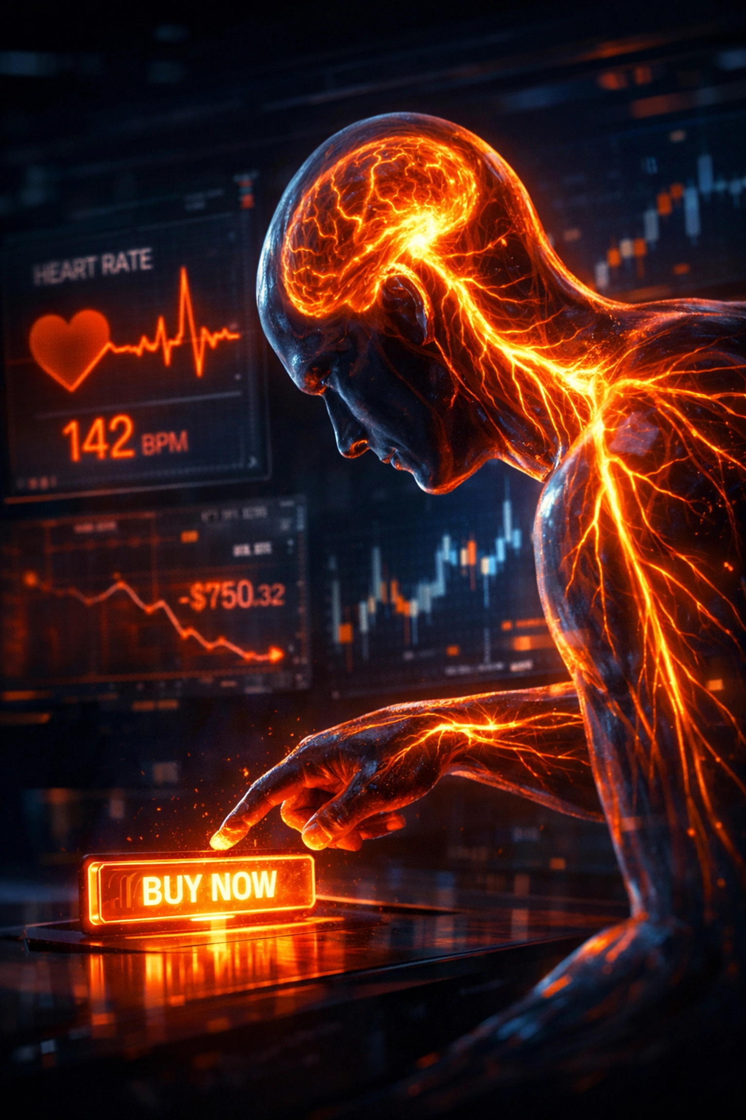 Visual representation of stress hormones triggering impulsive online spending via bio-financial tracking.