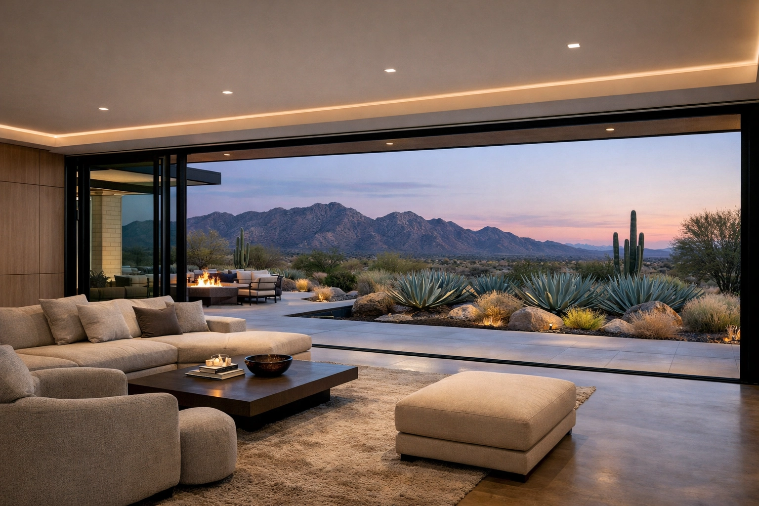 Luxury living room with sliding glass walls and architectural lighting in a Surprise custom home.