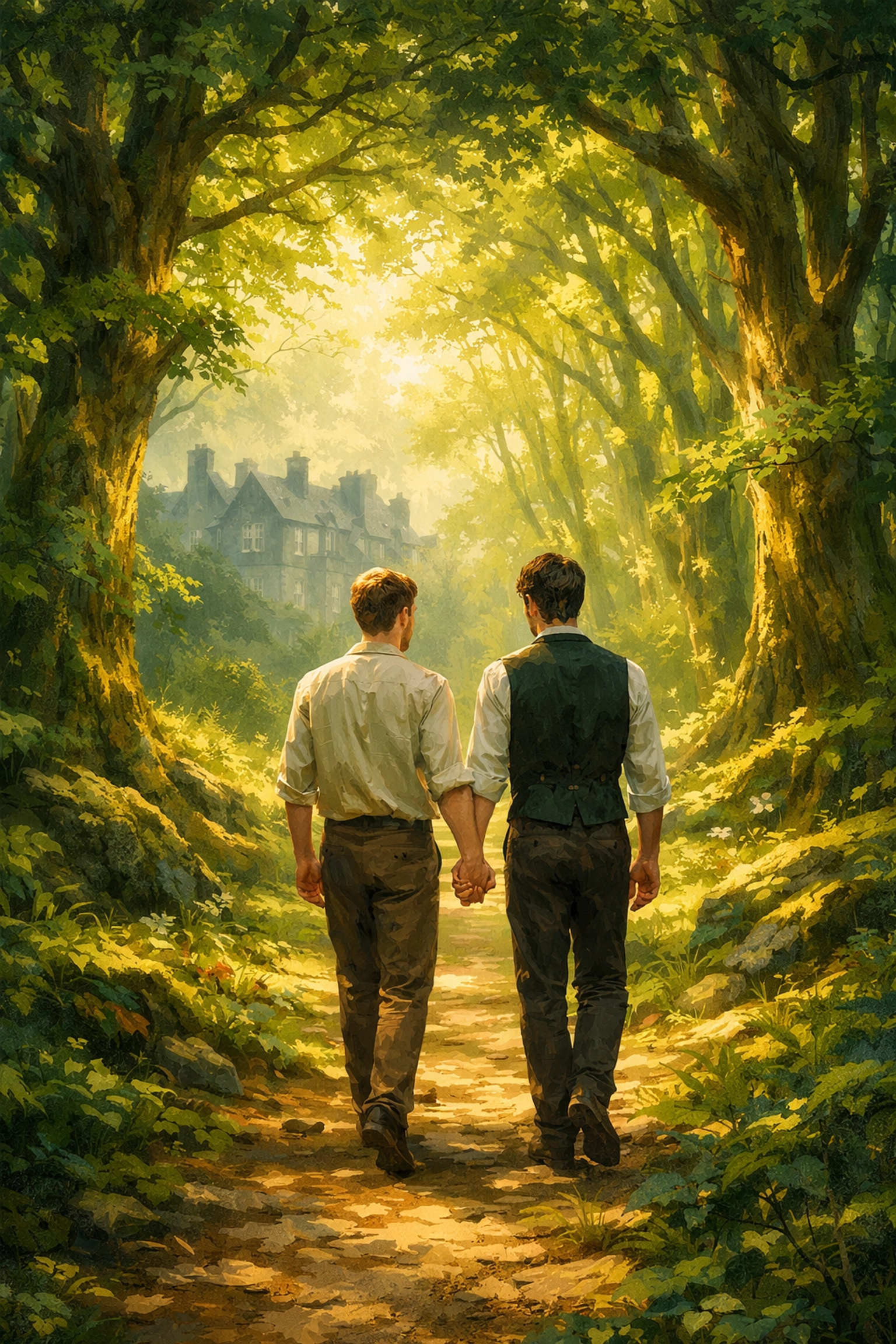 A gay couple walking hand-in-hand into a lush forest towards their happy ending.