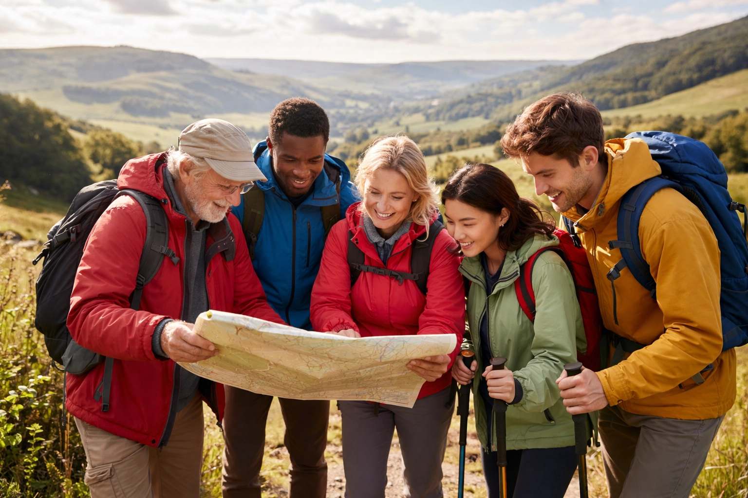 Group of hikers on a UK countryside trail, reviewing a map, representing guided hiking tours UK fitness levels