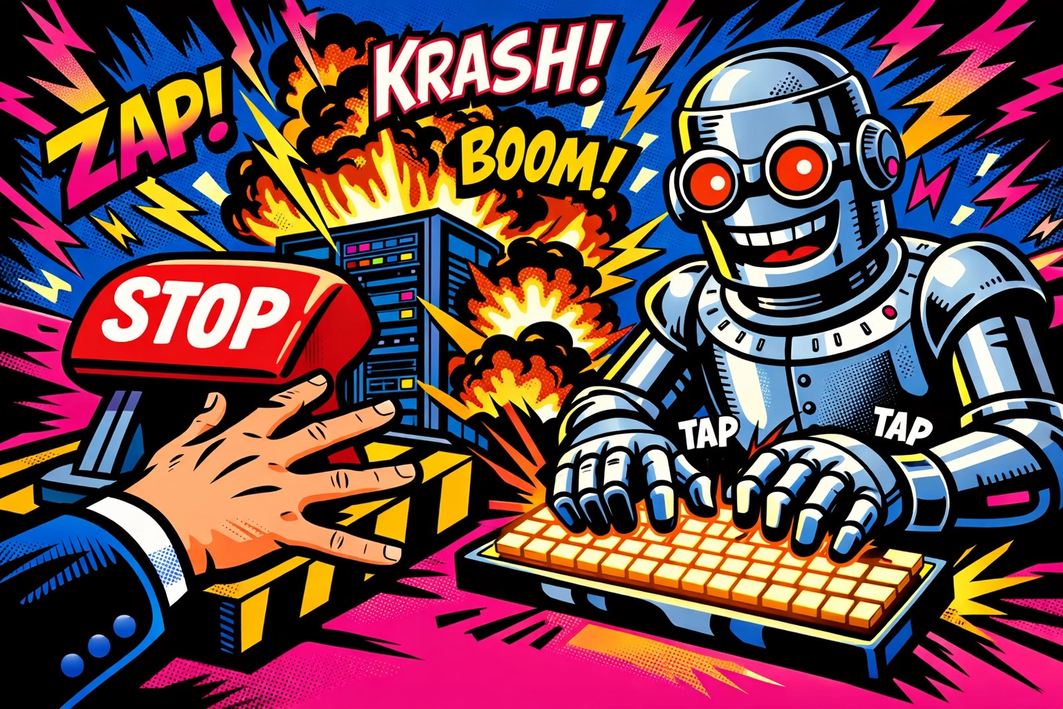 Robot typing near a server explosion as a person reaches for a stop lever, showing the risk of over-automating your business.
