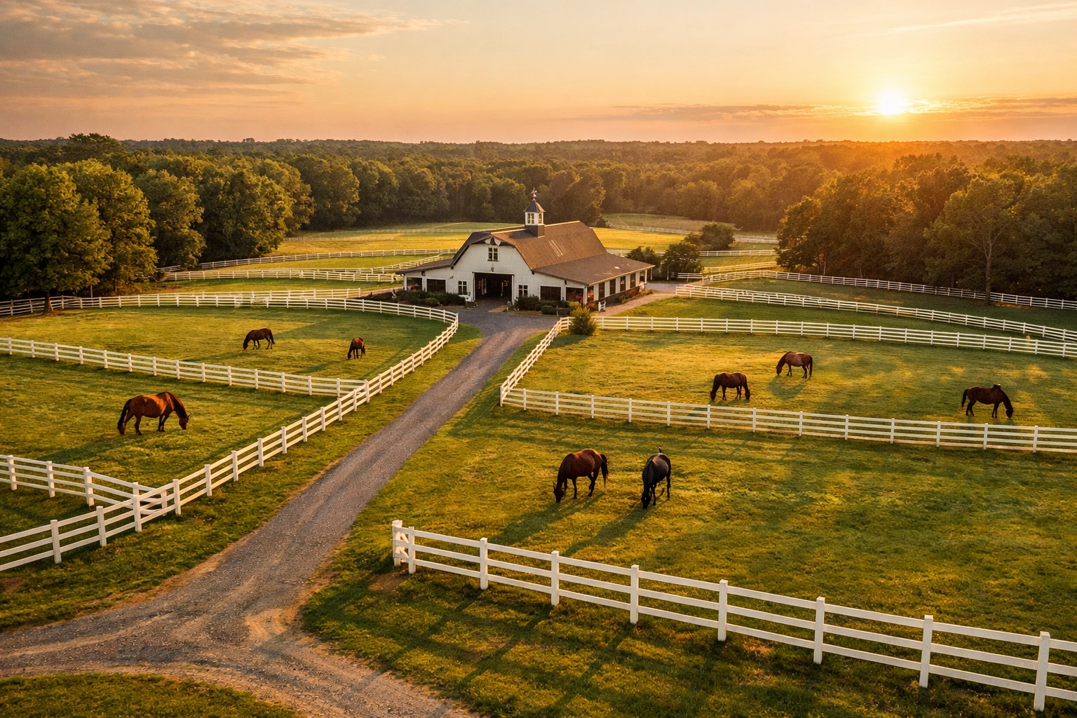 Aerial view of horse farm for sale in Waxhaw NC with fenced pastures and barn