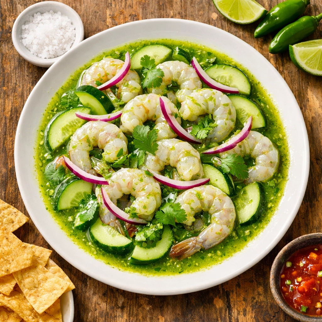 Fresh shrimp Aguachile Verde with lime and cucumber, a budget-friendly seafood dish in Mexico City.