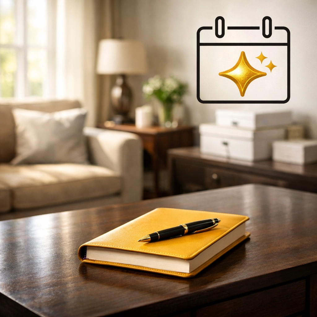 An organized living room with a planner and boxes, perfect for planning a home downsizing in Columbus.