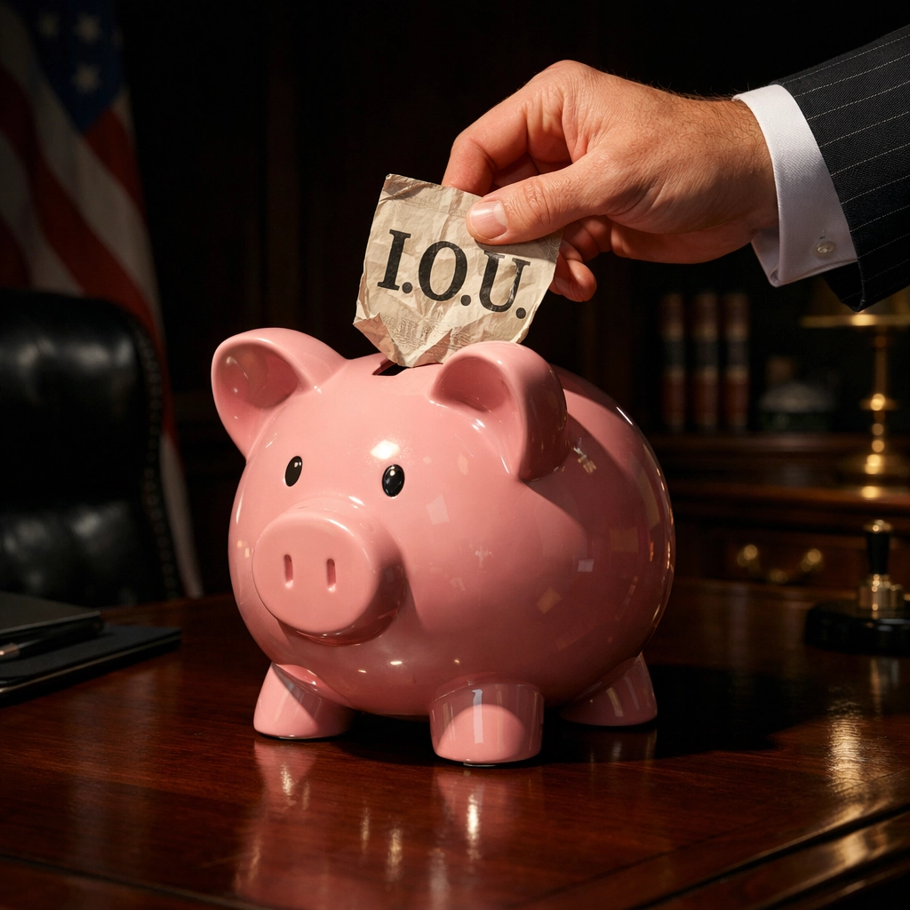 A pink piggy bank receiving an IOU note, symbolizing temporary government withdrawals from NYC retirement funds.