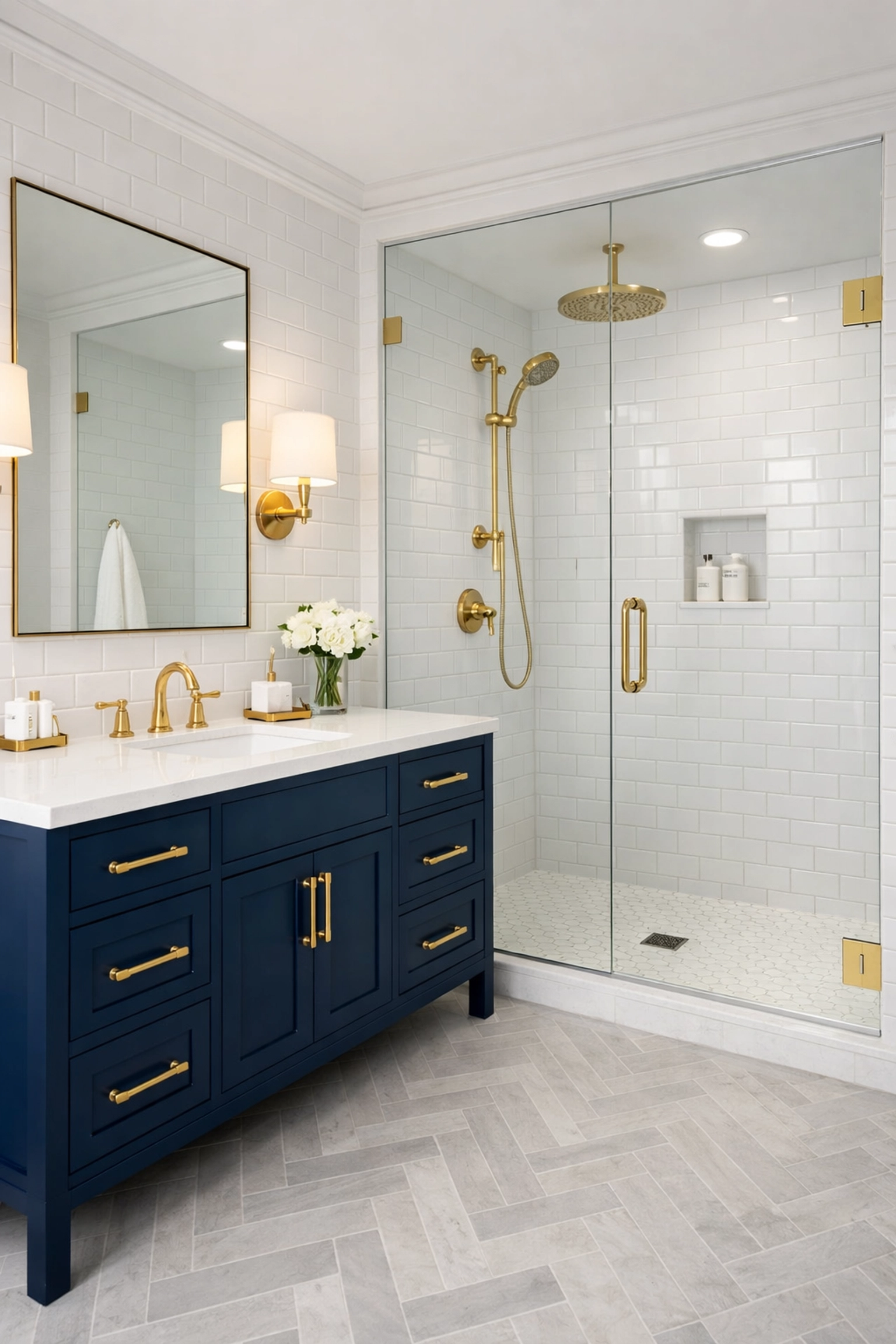Sparkling luxury bathroom with a clean glass shower and organized vanity.