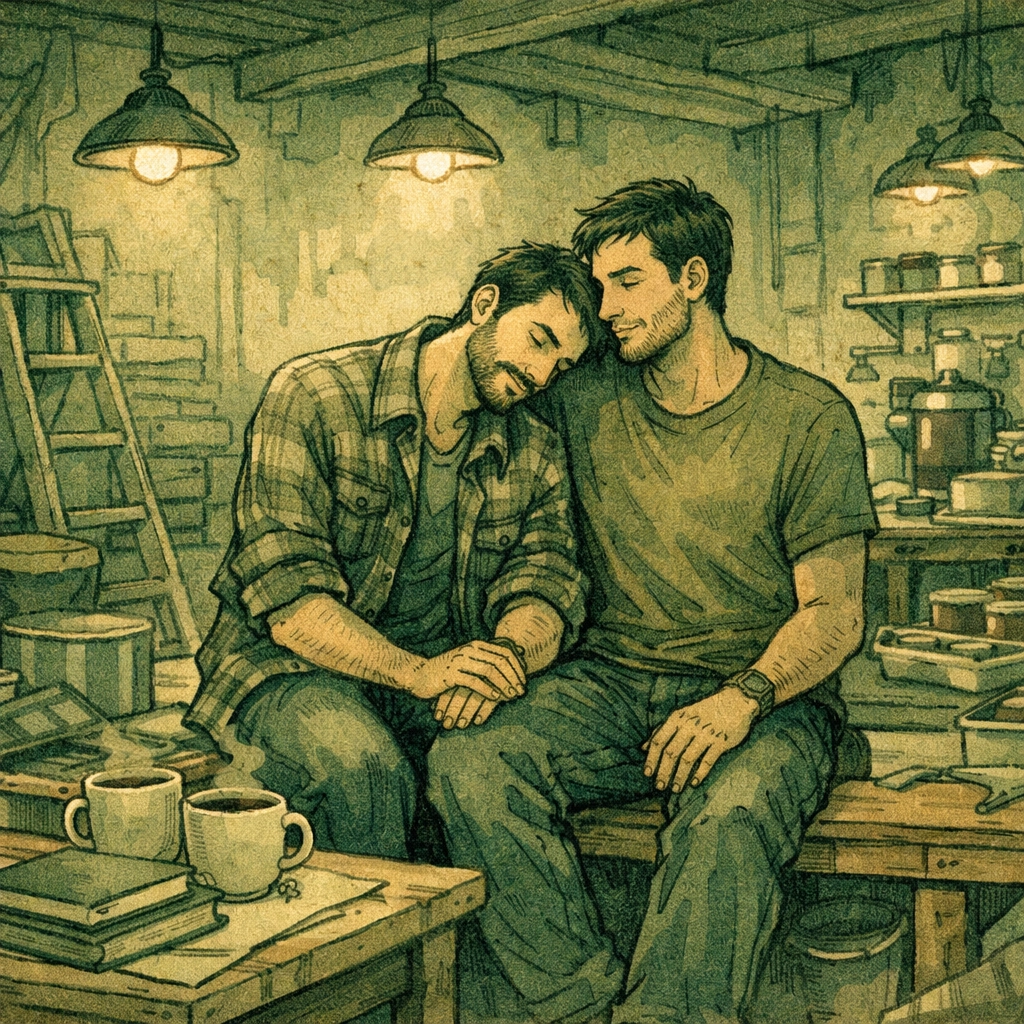 Gay couple sharing intimate moment in chocolate shop during renovation