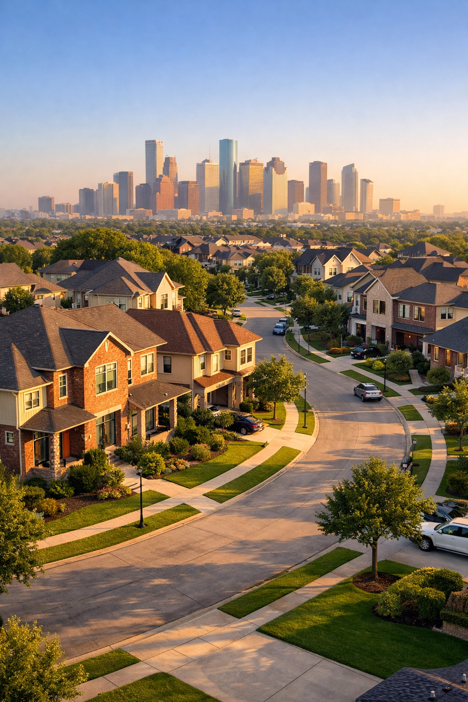 Aerial view of a modern Houston residential neighborhood with a city skyline backdrop for real estate investing.