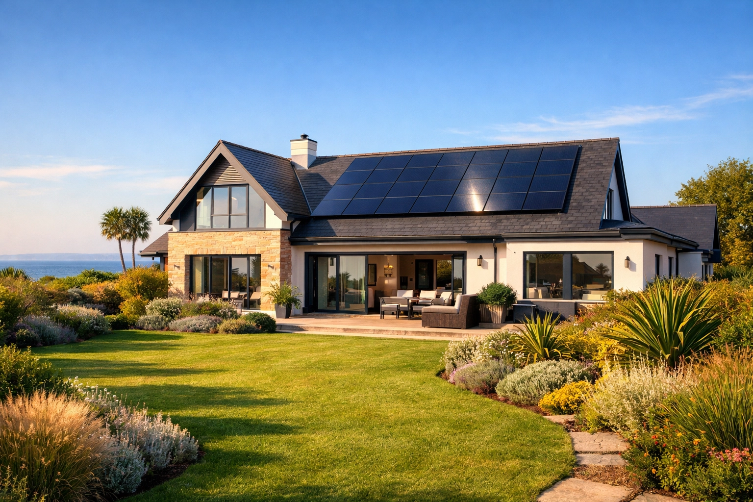 Modern Bournemouth home with residential solar panels on the roof capturing bright sunshine for energy storage.