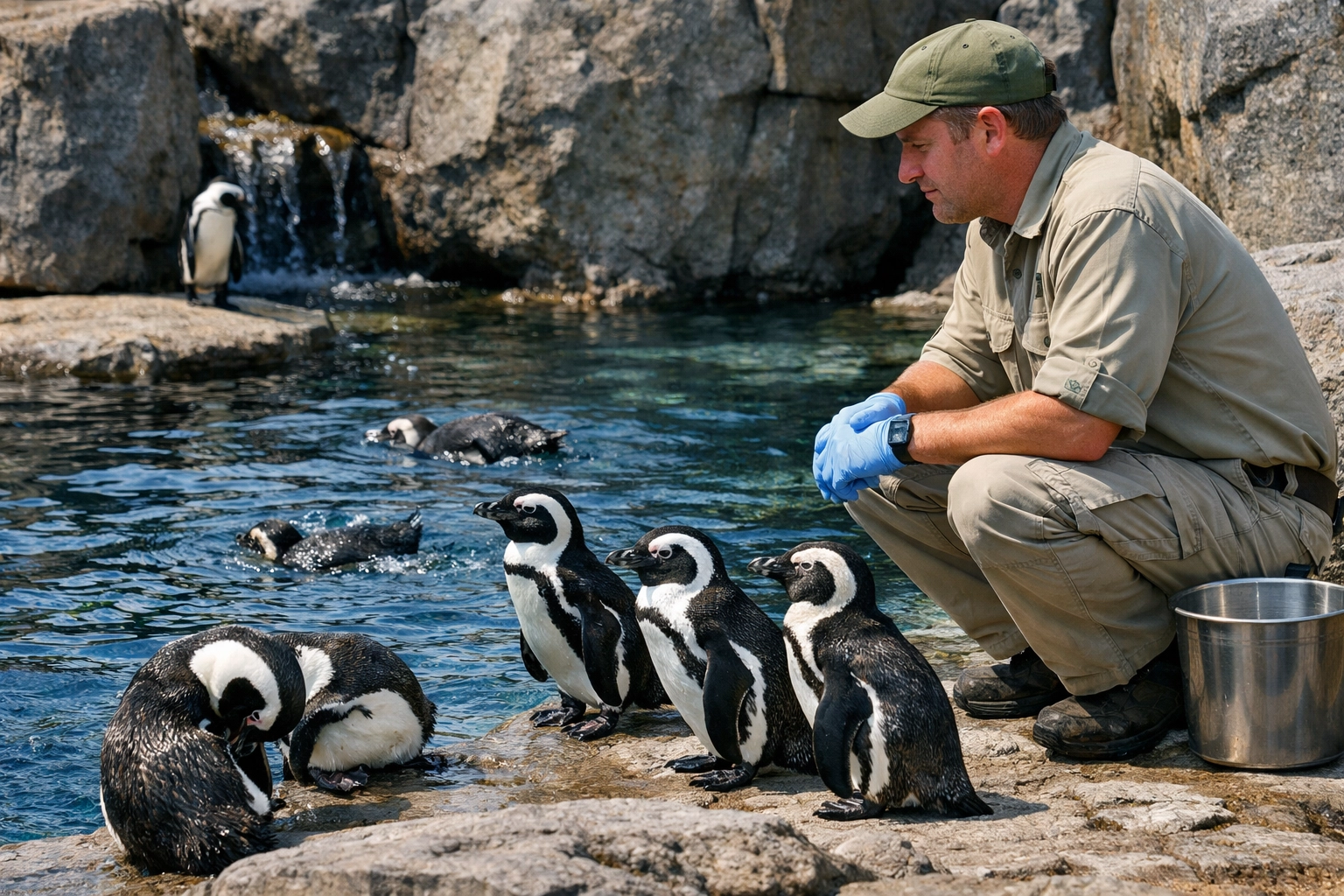 Zookeeper conducting penguin enrichment activity showing professional animal care practices