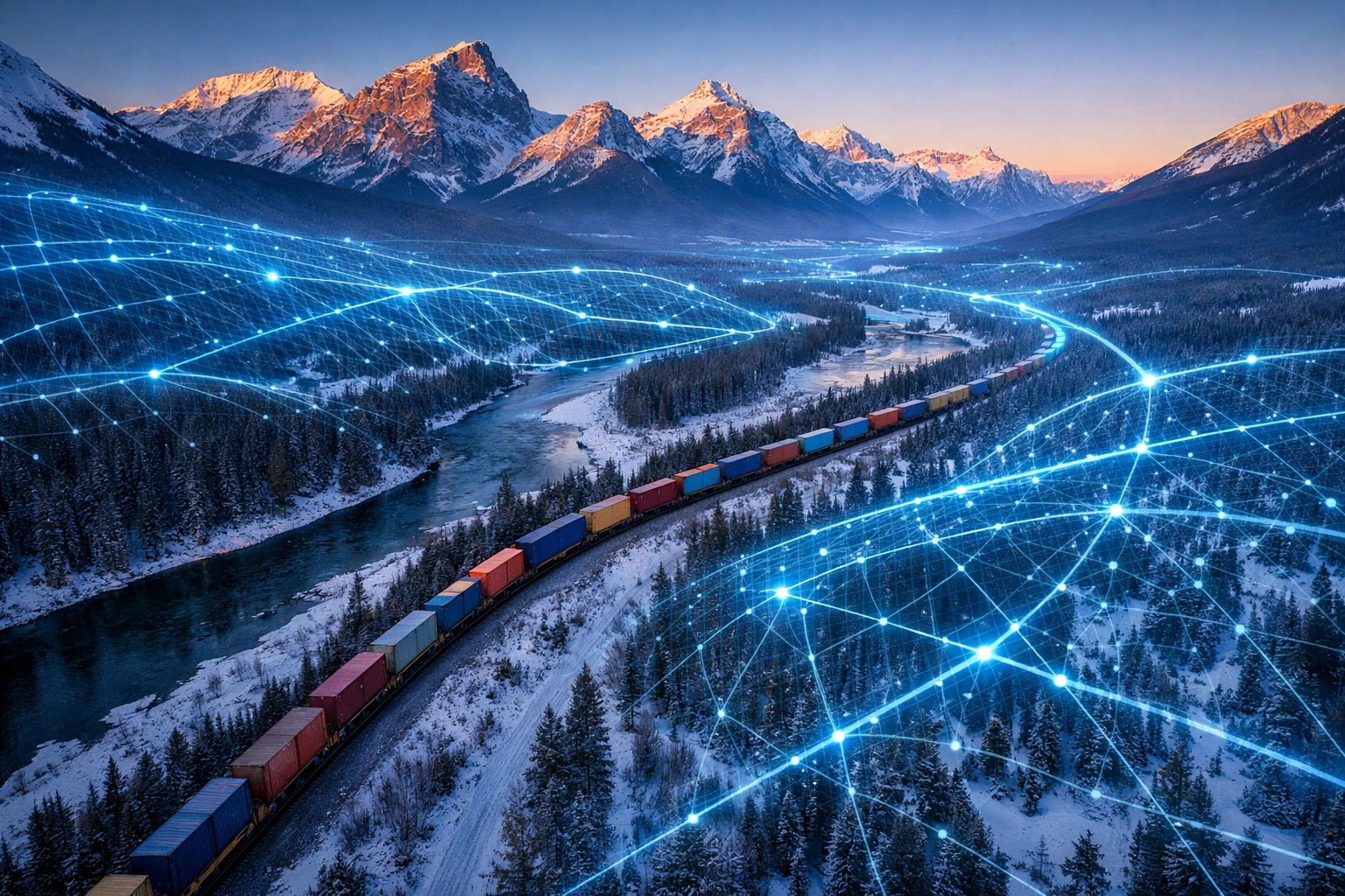 Freight train in the Rockies representing efficient Canadian internal trade and national market connectivity.