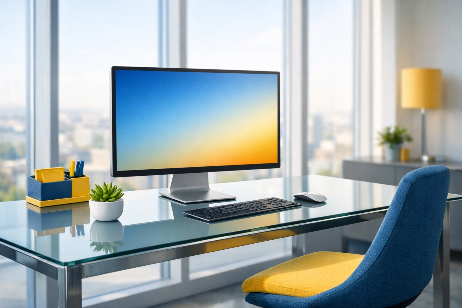 A clean minimalist modern office desk with a glass surface and natural lighting for maximum productivity.