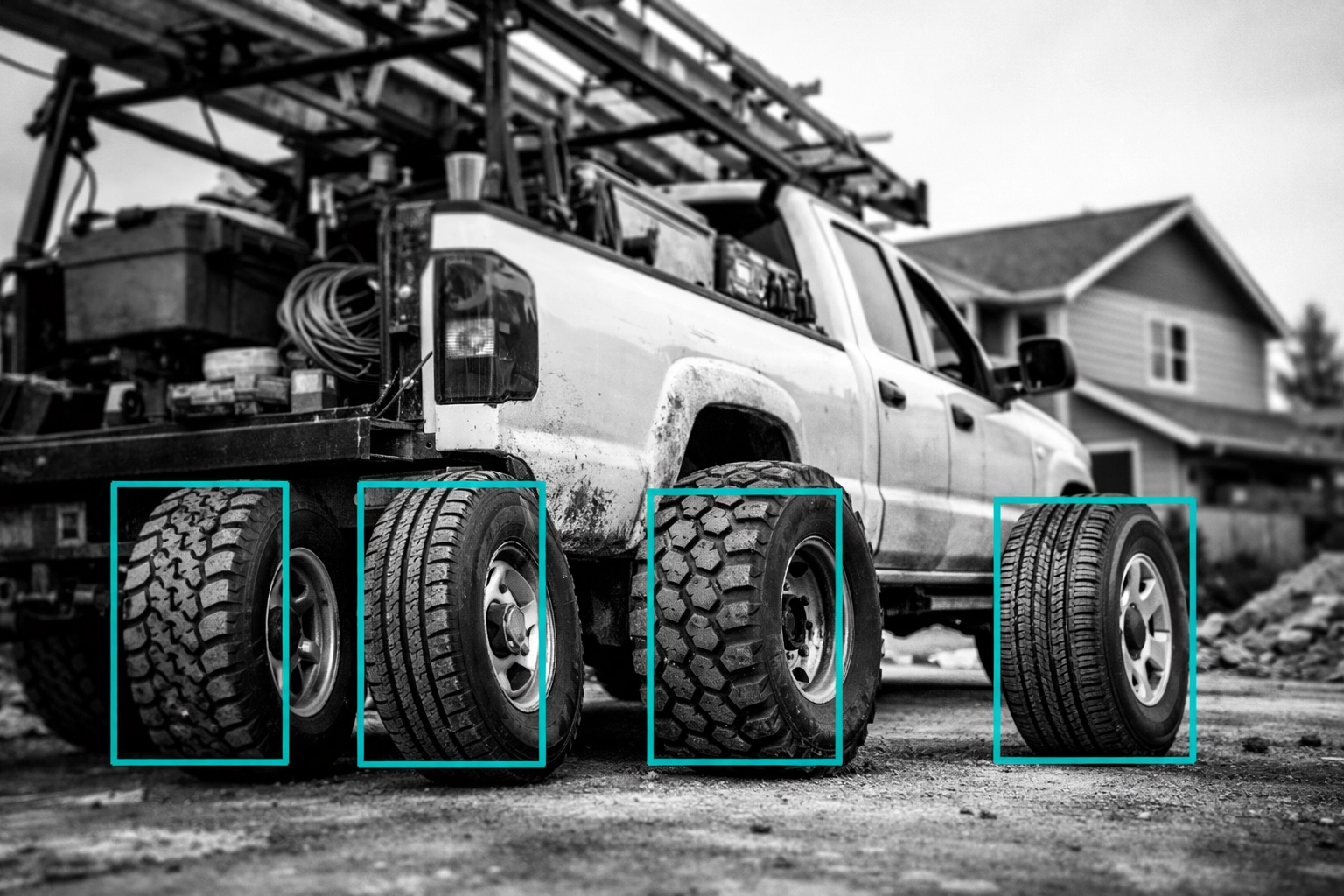 Mismatched tires on contractor truck representing disconnected marketing tactics that don't work together