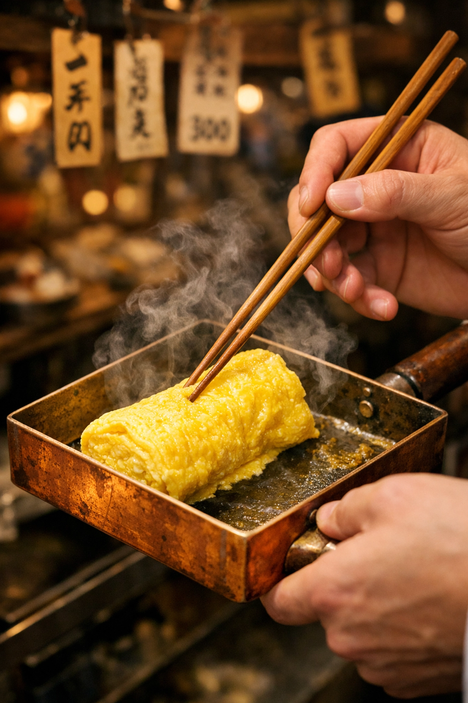 A chef cooking fluffy tamagoyaki Japanese omelets at a traditional Tsukiji market food stall.