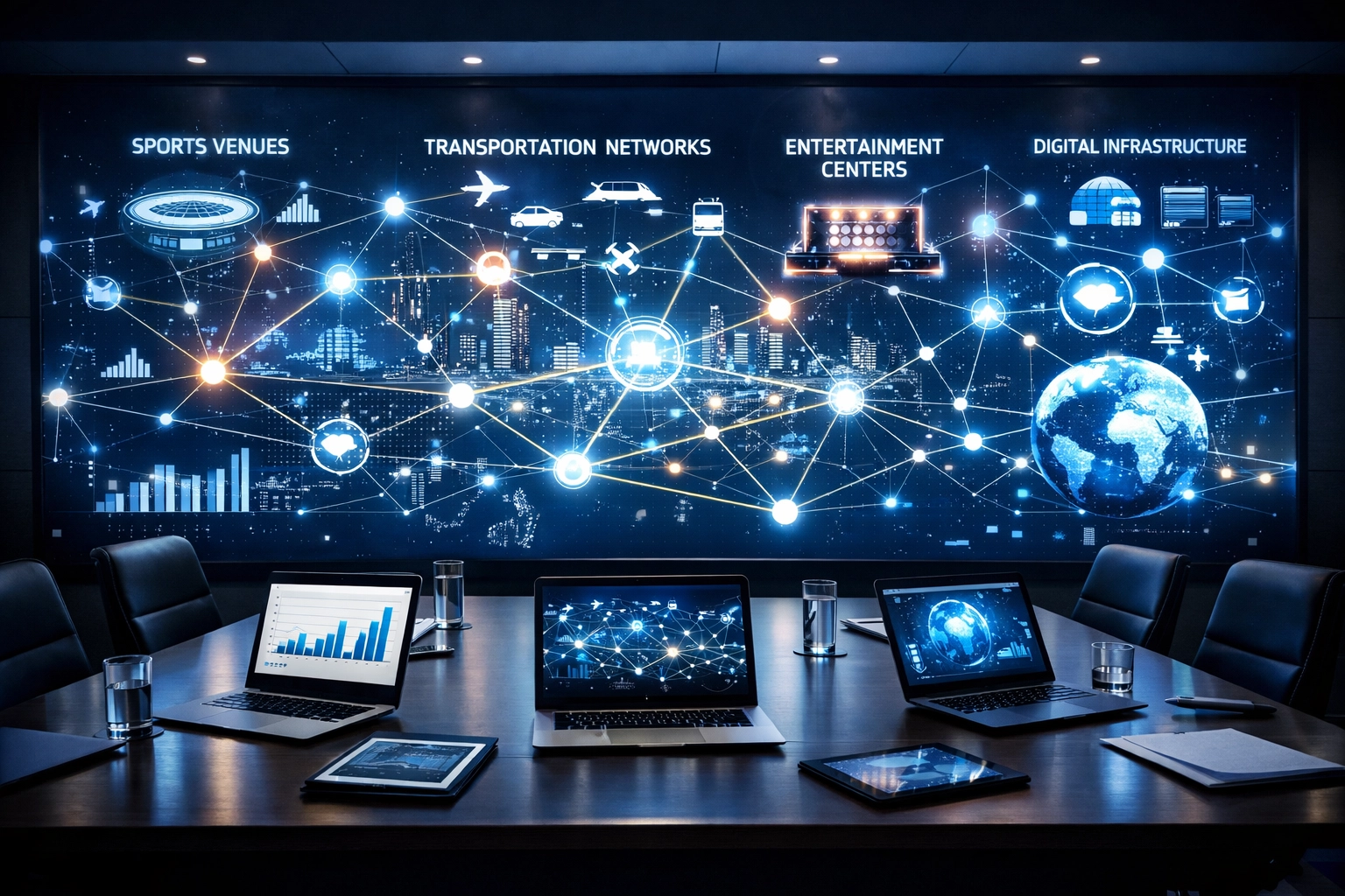 Multi-industry media framework showing connected networks across sports, transportation, and entertainment sectors
