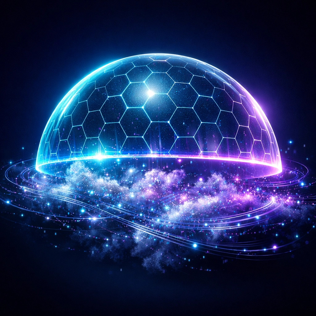 Ein digitaler Schutzschild über einer Datenwolke symbolisiert sicheren Datenschutz und KI-Workflows.