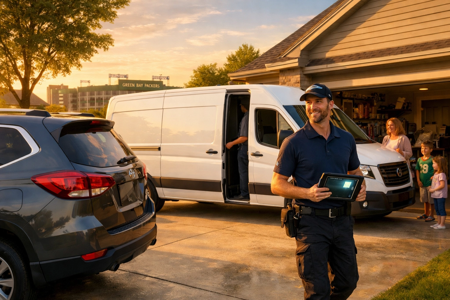 A professional mobile mechanic arriving at a Green Bay home to provide convenient on-site auto repair.