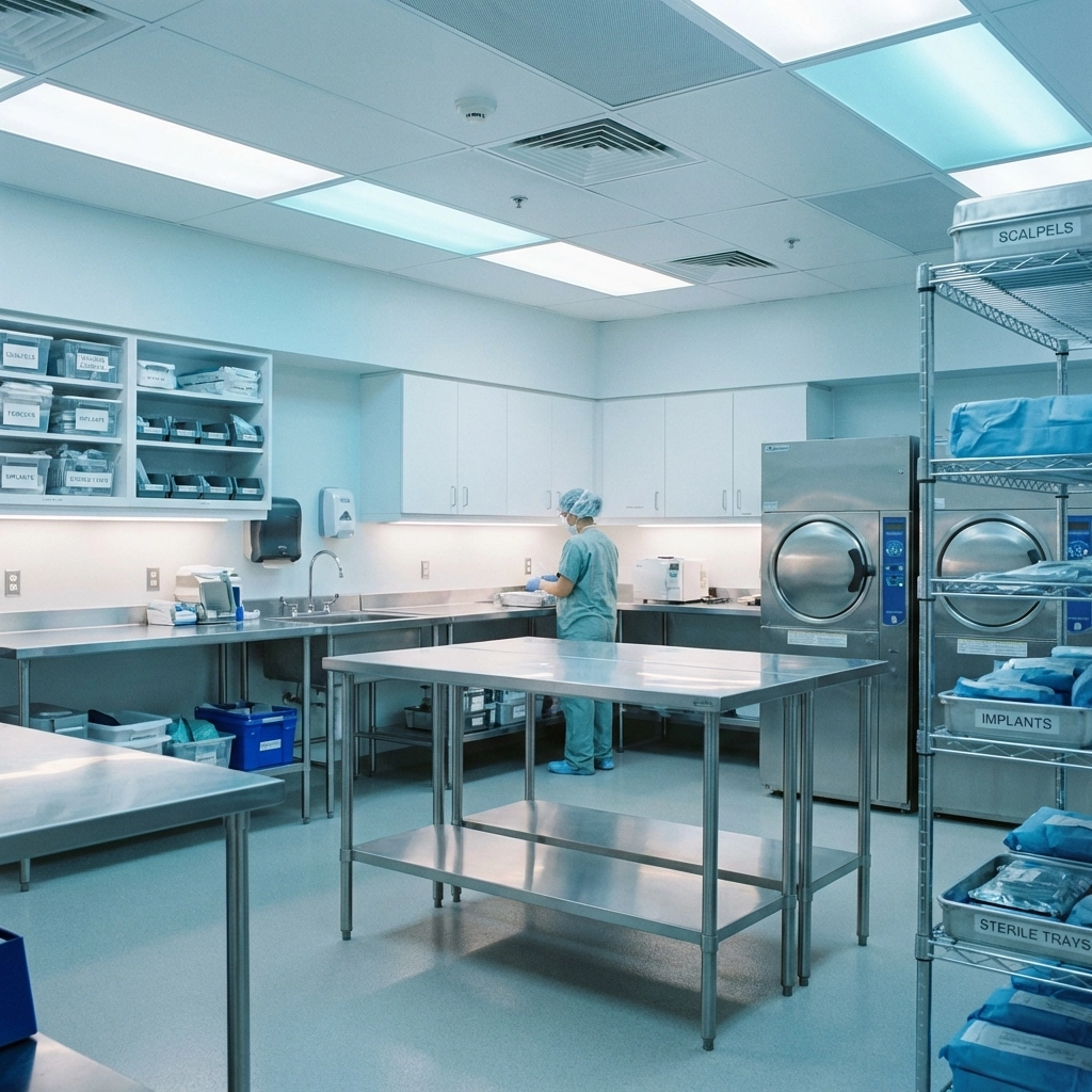 Sterile processing area in ambulatory surgery center showing organized supplies and infection control practices