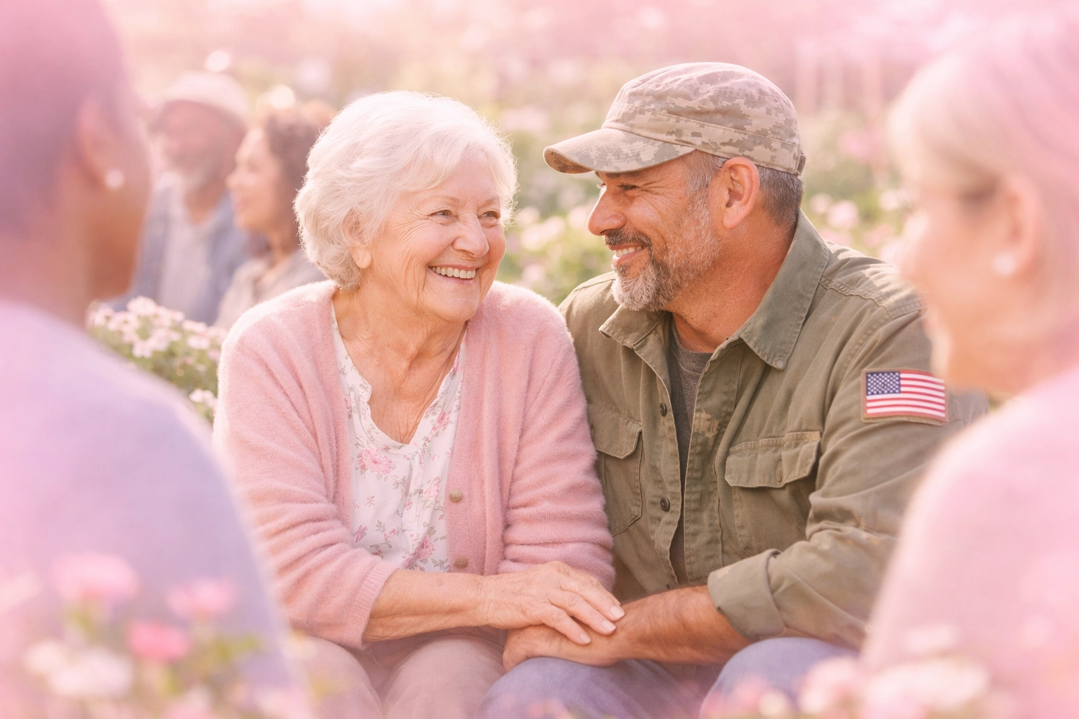 A veteran and senior woman in a sunny garden, illustrating inclusive housing assistance programs.