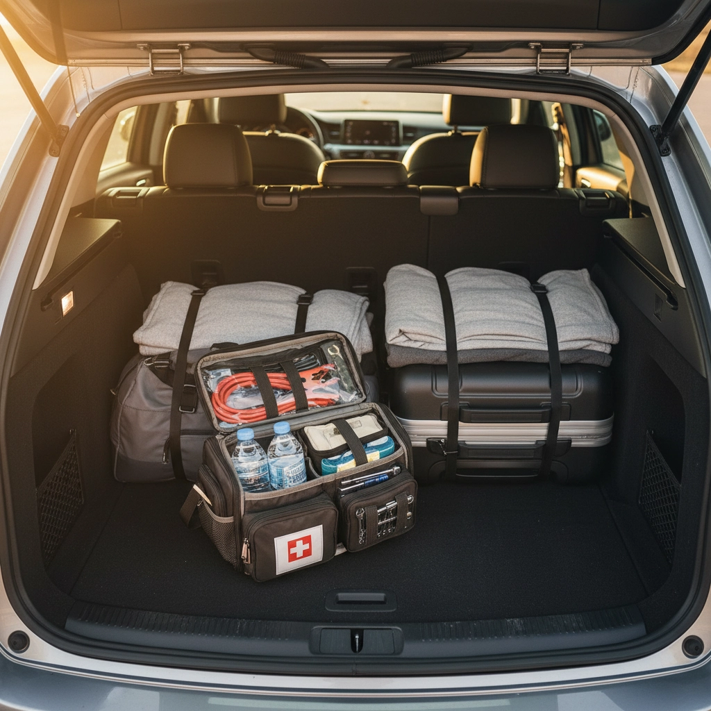 Open trunk of a car showing packed suitcases with blankets and and large first aid kit. Thanksgiving Travel Survival Guide: Navigating Drama Like a Pro