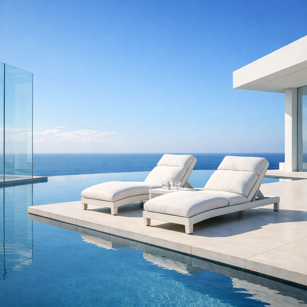 A serene luxury pool lounge area illustrating the lifestyle rewards of a successful pool route sale.