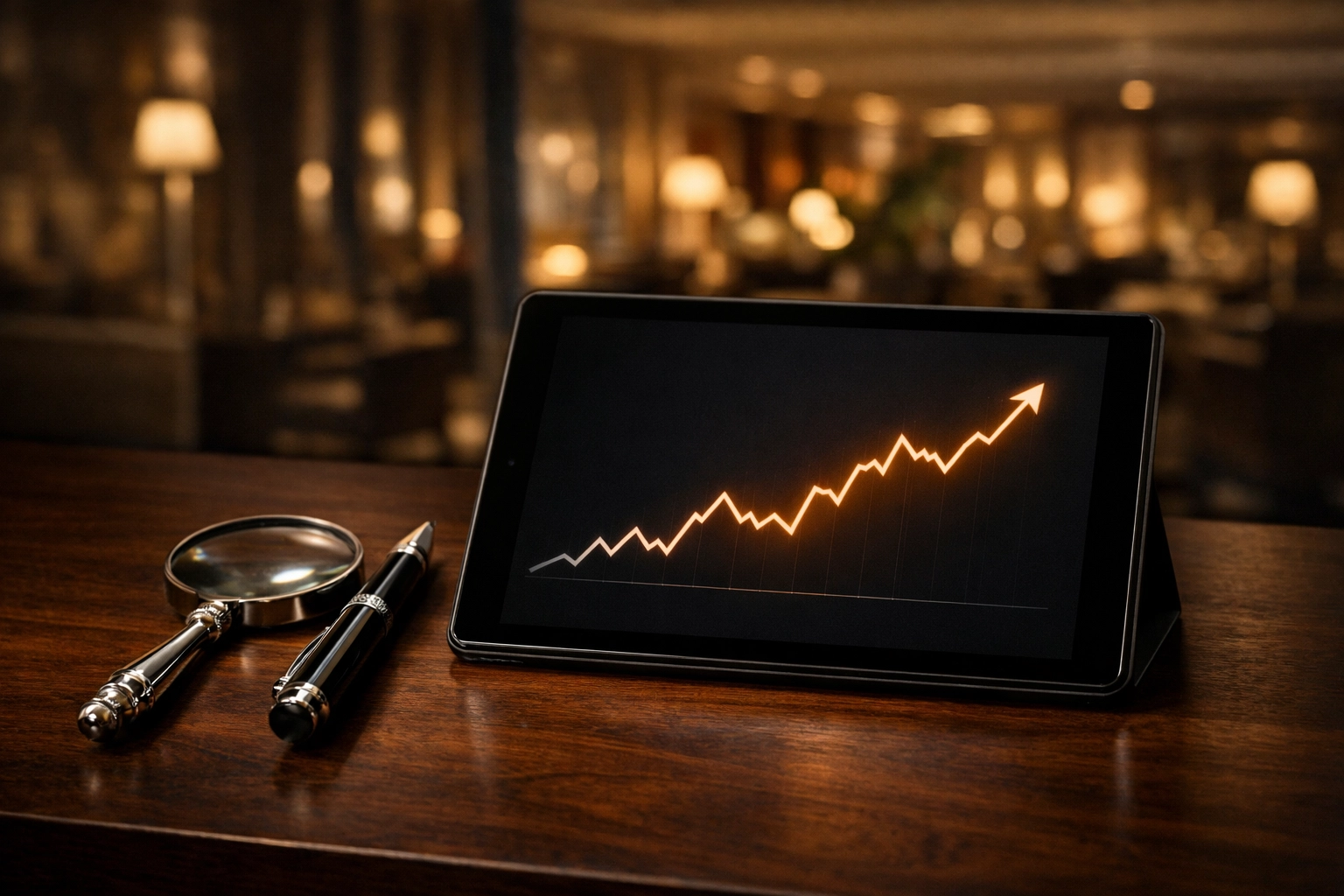 Tablet displaying hotel revenue growth charts, highlighting data-driven hospitality consulting services.
