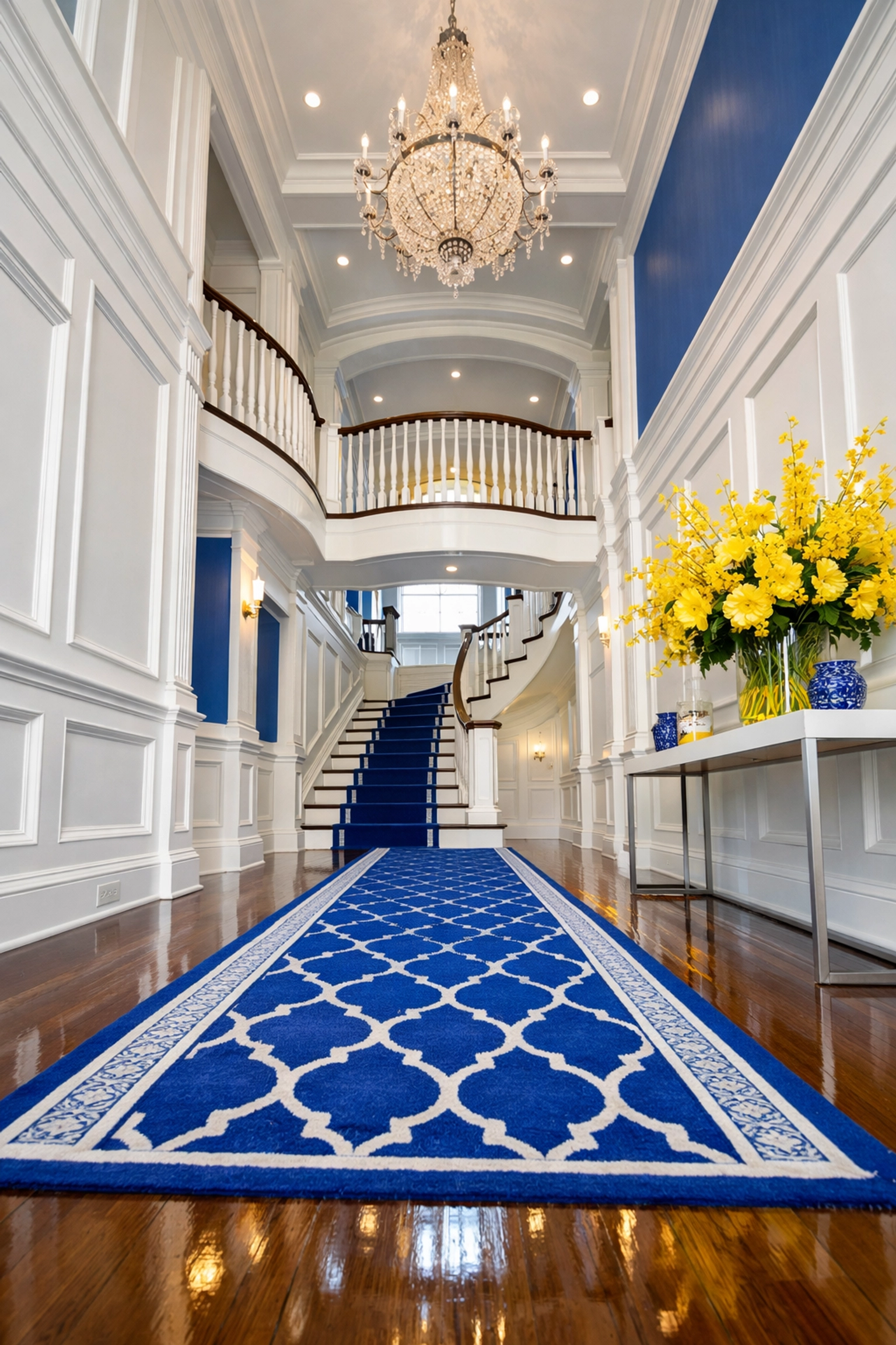 Impeccable luxury home entryway with polished hardwood floors from expert deep cleaning in Marblehead.