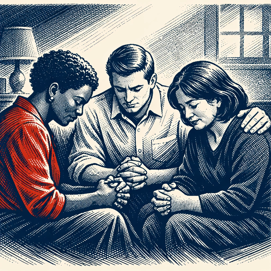 Christians praying together in community for peace and support during difficult news